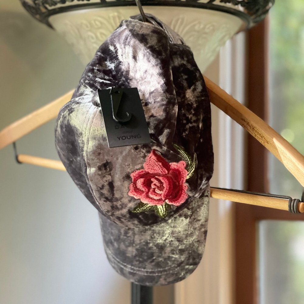 Gray Crushed Velvet Baseball Cap w/ Rose Appliqué